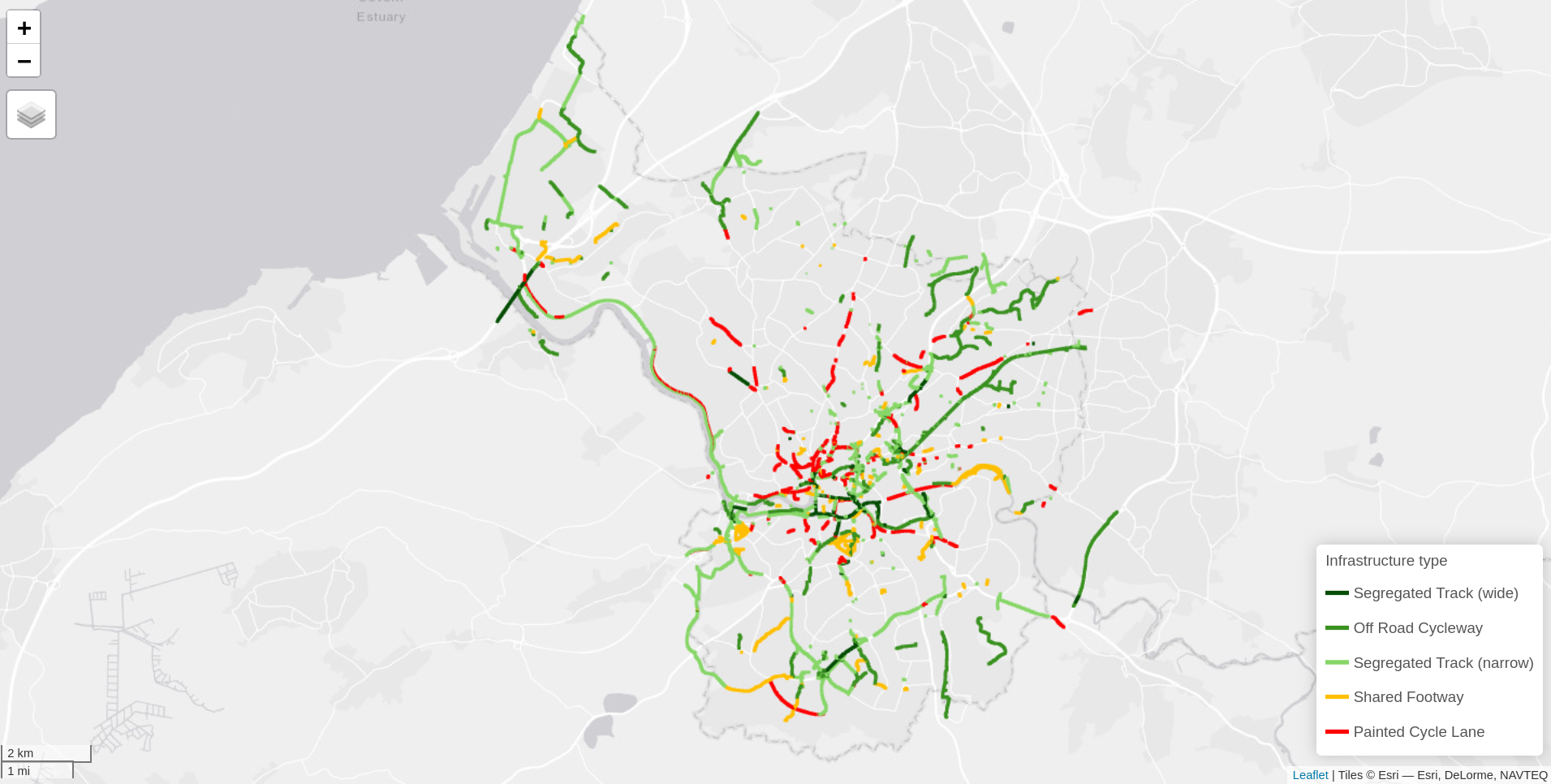 Cycle infrastructre and painted cycle lanes in Bristol, generated with 5 lines of code using the osmactive package. See interactive version online at github.com/nptscot/osmactive/releases.